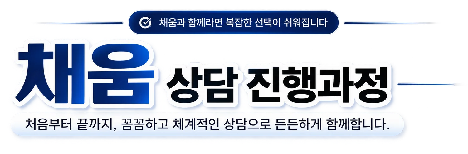 채움과 함께라면 복잡한 선택이 쉬워집니다. 채움 상담 진행과정 — 처음부터 끝까지, 꼼꼼하고 체계적인 상담으로 든든하게 함께합니다.